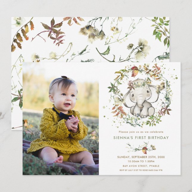 Invitación Elefante Otoño Caída Sexo Neutral Foto de cumpleañ (Anverso / Reverso)