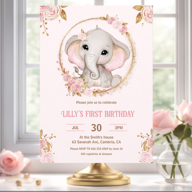 Invitación Elefante Pequeño Chica Rosa de cacahuete Primer cu (Elephant Little Peanut Pink Girl 1st Birthday Invitation)