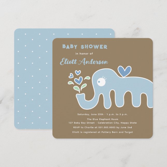 Invitación Elefante Personalizado azul brillante Baby Shower (Anverso / Reverso)