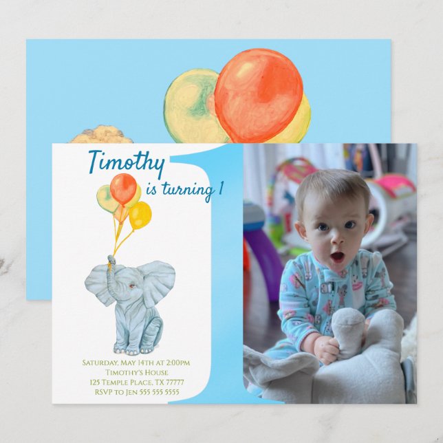 Invitación Elefante personalizado primer niño de cumpleaños  (Anverso / Reverso)