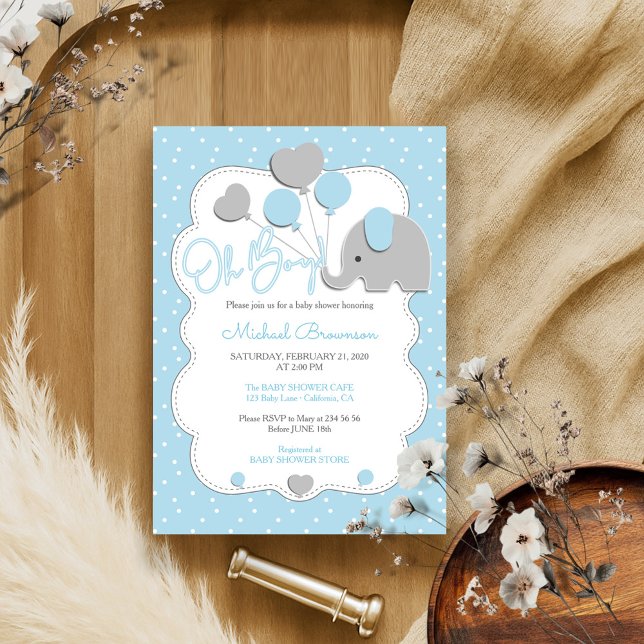 Invitación Elefante Polka Dots Oh niño globos azules (Subido por el creador)