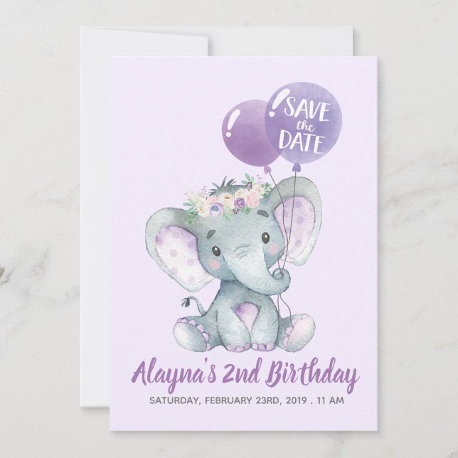 Invitación Elefante precioso de la lavanda con los globos (Anverso)