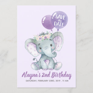 Invitación Elefante precioso de la lavanda con los globos