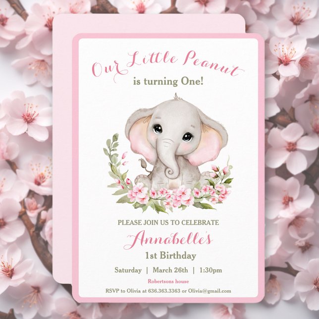 Invitación Elefante Primer Chica de cumpleaños Personalizado  (Elephant 1st Birthday Girl Invitation | Custom Age)