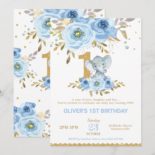 Invitación Elefante Primer cumpleaños Blue Floral Boy (Anverso / Reverso)