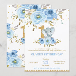 Invitación Elefante Primer cumpleaños Blue Floral Boy