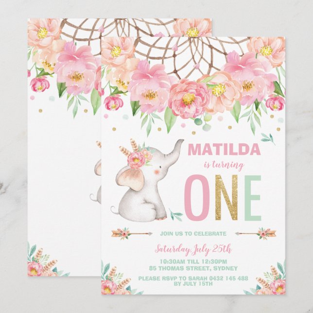 Invitación Elefante Primer cumpleaños Boho Chica Floral Rosa (Anverso / Reverso)