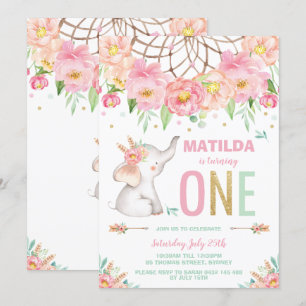 Invitación Elefante Primer cumpleaños Boho Chica Floral Rosa