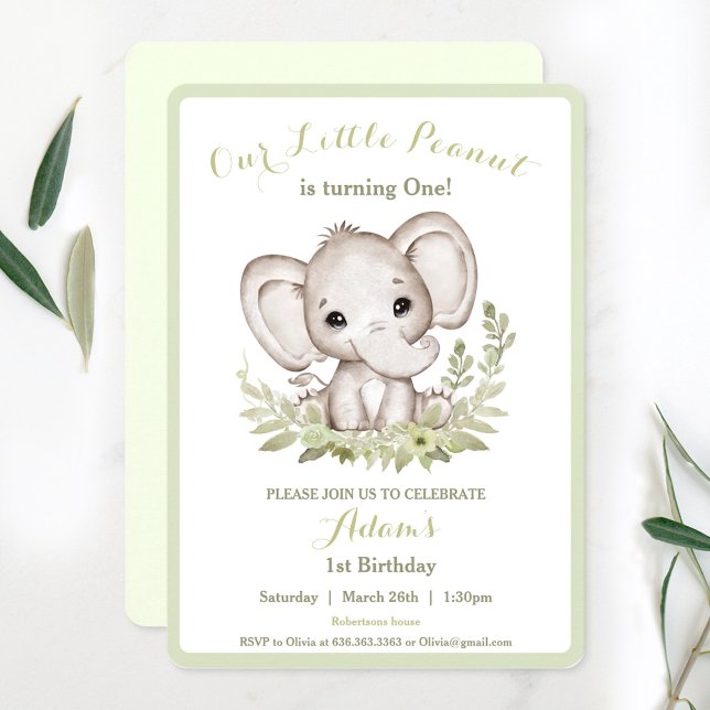 Invitación Elefante Primer niño de cumpleaños Personalizado d (Elephant 1st Birthday Boy Invitation Custom Age)