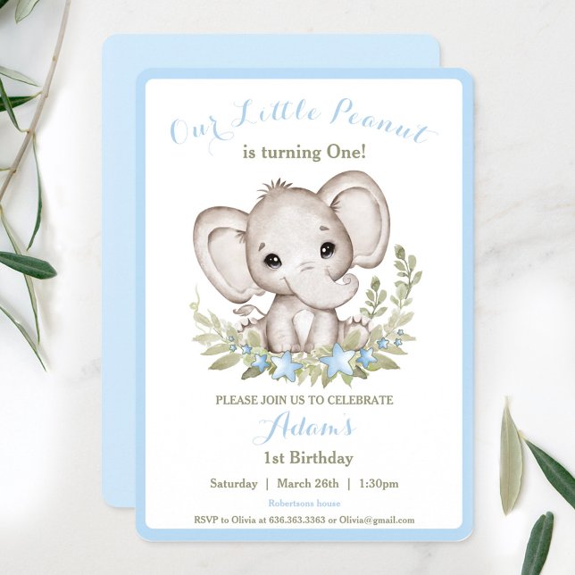 Invitación Elefante Primer niño de cumpleaños Personalizado d (Elephant 1st Birthday Boy Invitation Custom Age)