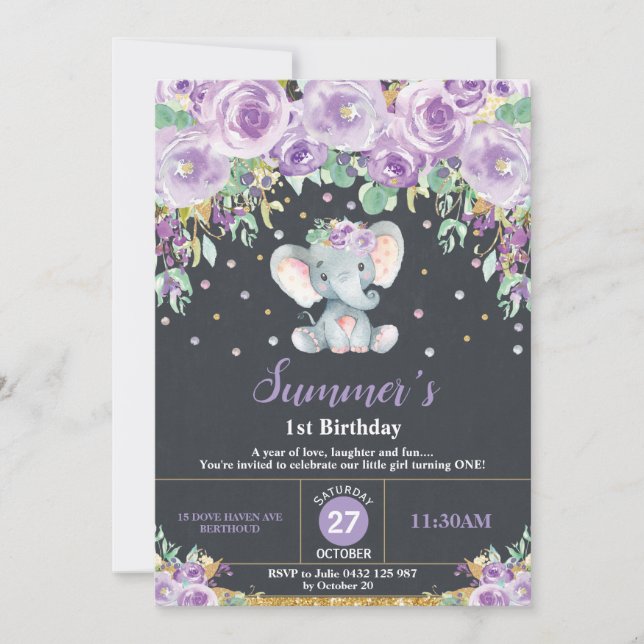 Invitación Elefante Purple Floral Primer tablero de cumpleaño (Anverso)