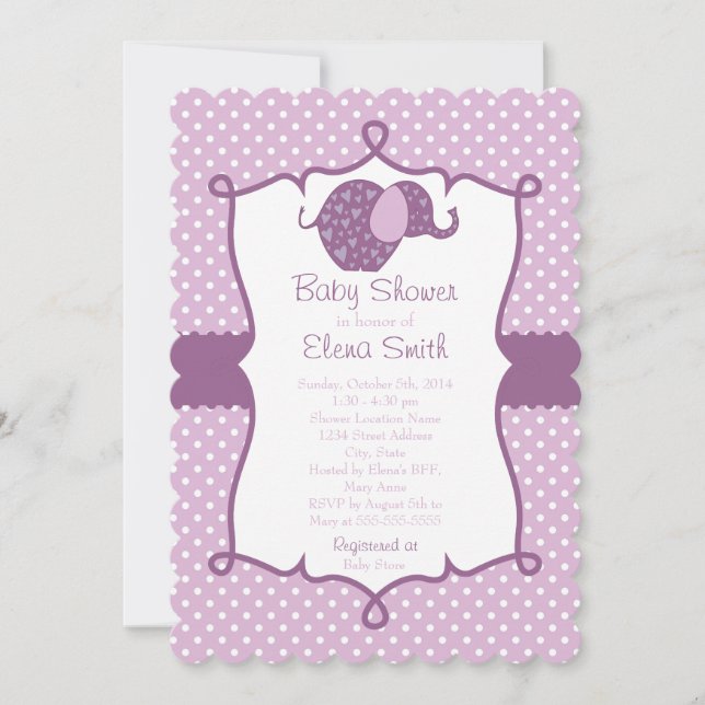 Invitación Elefante púrpura Baby Shower del lunar (Anverso)
