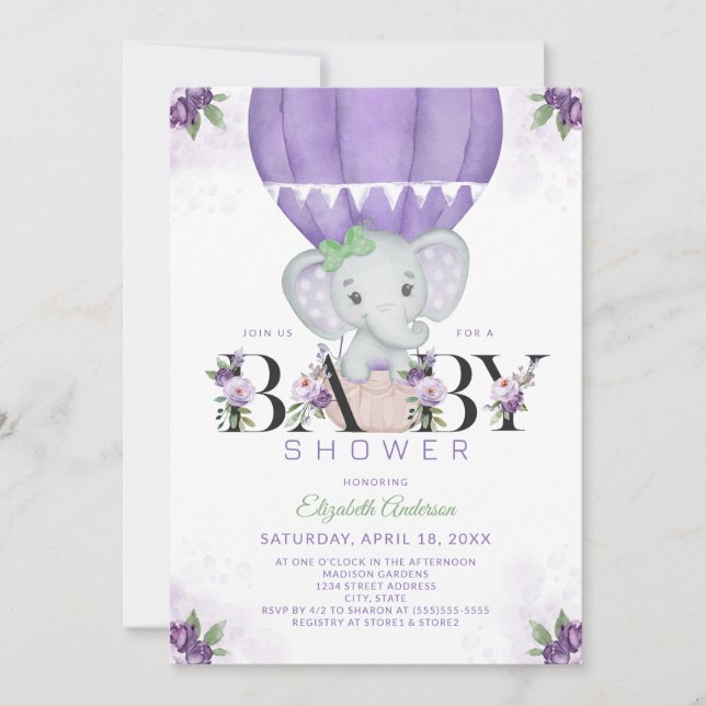 Invitación Elefante púrpura Balón de aire caliente Baby Showe (Anverso)