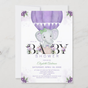 Invitación Elefante púrpura Balón de aire caliente Baby Showe