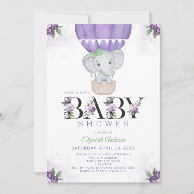 Invitación Elefante púrpura Balón de aire caliente Baby Showe (Anverso)