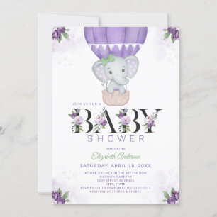 Invitación Elefante púrpura Balón de aire caliente Baby Showe