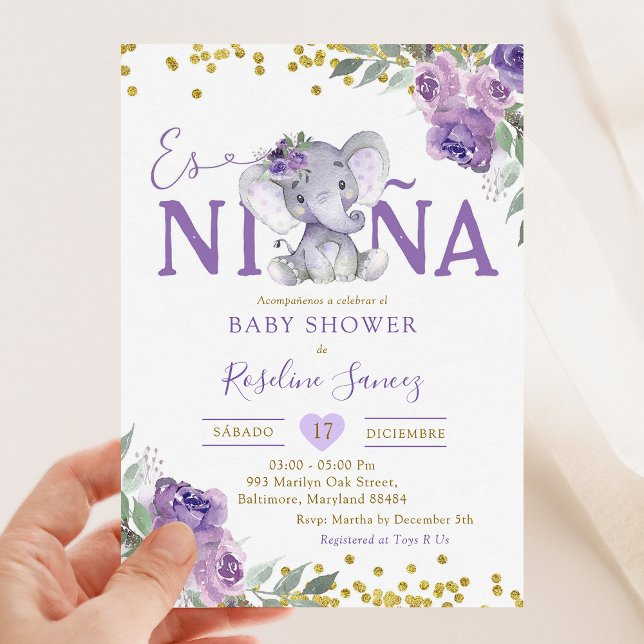 Invitación Elefante púrpura español Es Niñ un Baby Shower (Subido por el creador)