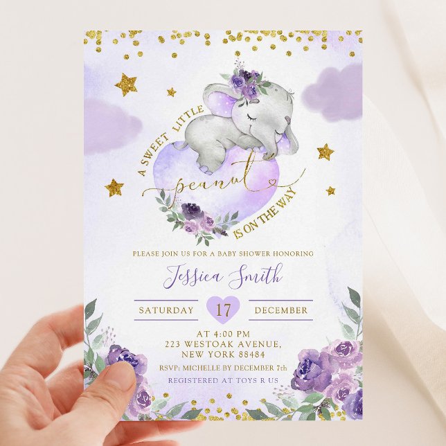 Invitación Elefante Púrpura Sueño Pequeño Maní Baby Shower (Subido por el creador)