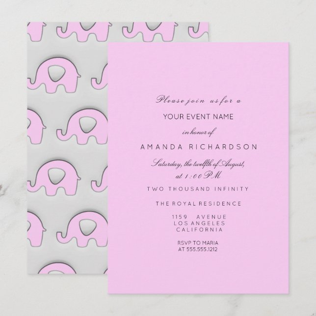 Invitación Elefante Purpurina Baby Shower Chica Gris Rosa (Anverso / Reverso)