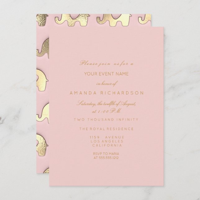 Invitación Elefante Purpurina Dorado Rosado Vidrio Ducha de C (Anverso / Reverso)