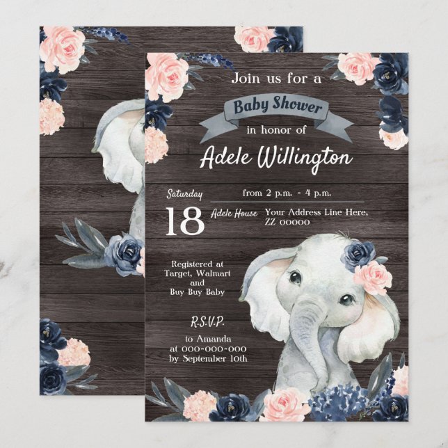 Invitación Elefante Regalo acuarela Floral Marina de Madera R (Anverso / Reverso)