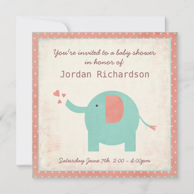 Invitación Elefante retro dulce Baby Shower (Anverso)