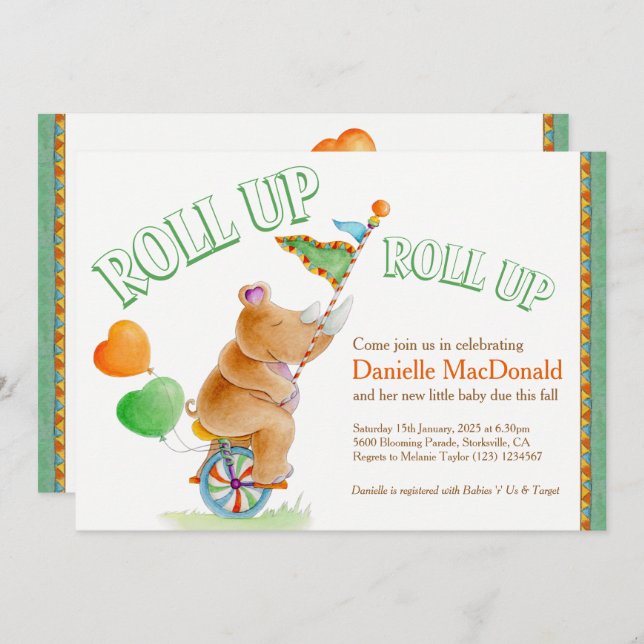 Invitación elefante rinoceronte acuarela marrón verde ducha d (Anverso / Reverso)