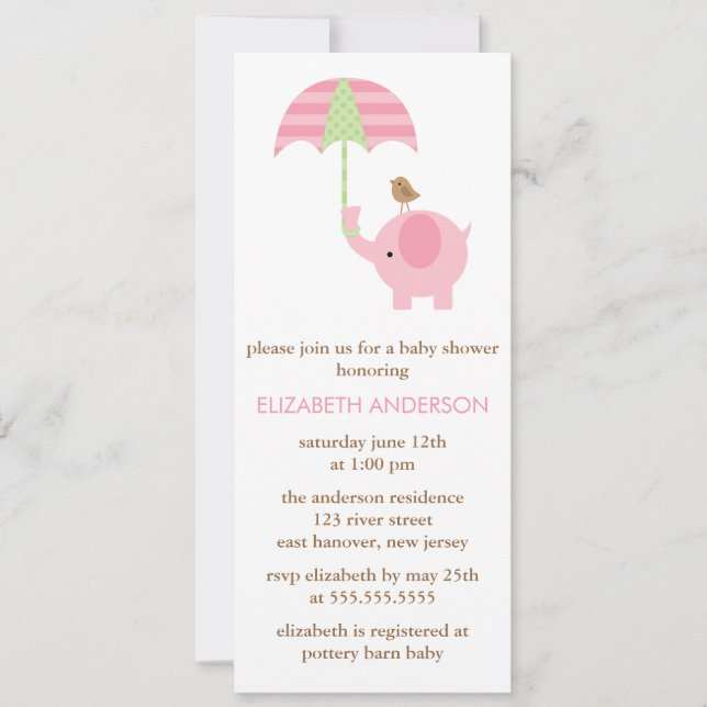 Invitación Elefante Rosa Baby Shower (Anverso)