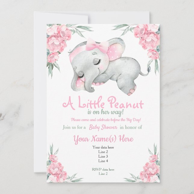 Invitación Elefante rosa Baby Shower Floral lindo rústico (Anverso)