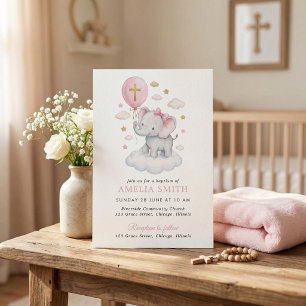 Invitación Elefante Rosa Bautismo Nubes Globo Acuarela