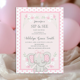 Invitación Elefante Rosa Bonito Lunares Flores Sorbo y Ver Be
