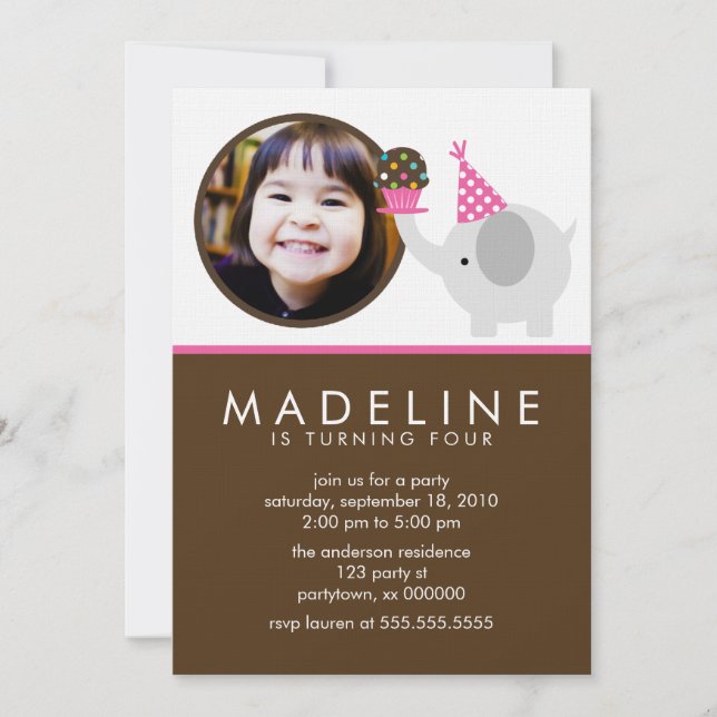 Invitación Elefante rosa caliente y foto de pastel cumpleaños (Anverso)
