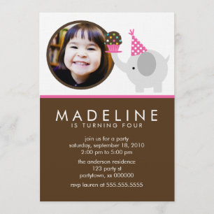 Invitación Elefante rosa caliente y foto de pastel cumpleaños