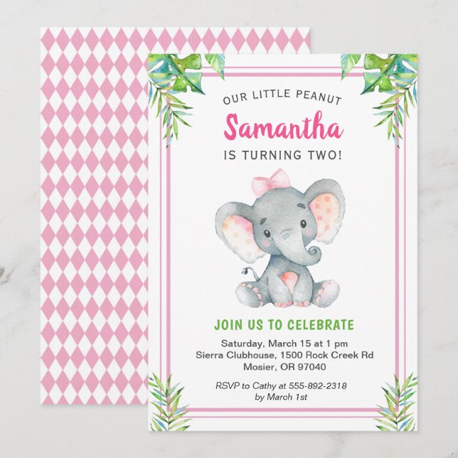 Invitación Elefante Rosa Chica Cumpleaños Fiesta de cacahuete (Anverso / Reverso)