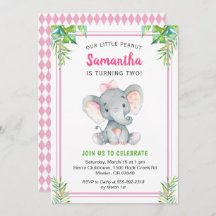 Invitación Elefante Rosa Chica Cumpleaños Fiesta de cacahuete