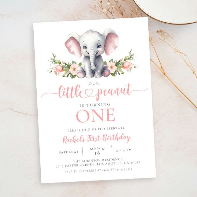 Invitación Elefante Rosa Chica de cacahuete Primer cumpleaños (Subido por el creador)
