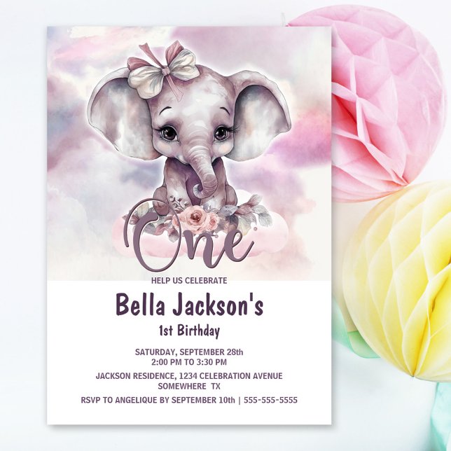 Invitación Elefante Rosa Chica Primer Fiesta de Cumpleaños (Subido por el creador)