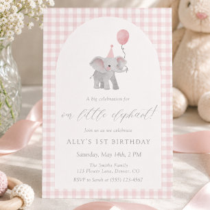 Invitación Elefante Rosa de Cuadros Cumpleaños 1º Acuarela