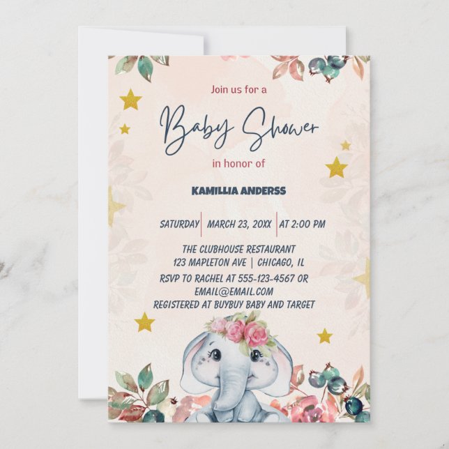 Invitación elefante rosa floral (Anverso)