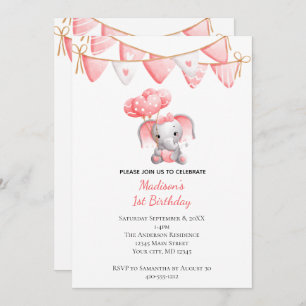 Invitación Elefante Rosa Globos Bebé Niña Cumpleaños