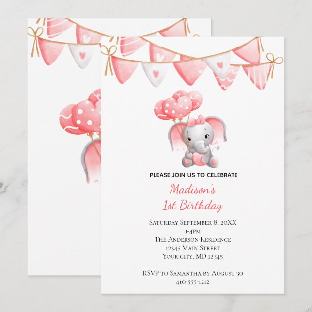 Invitación Elefante Rosa Globos Niña Nacimiento (Anverso / Reverso)