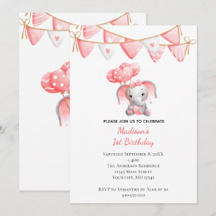 Invitación Elefante Rosa Globos Niña Nacimiento
