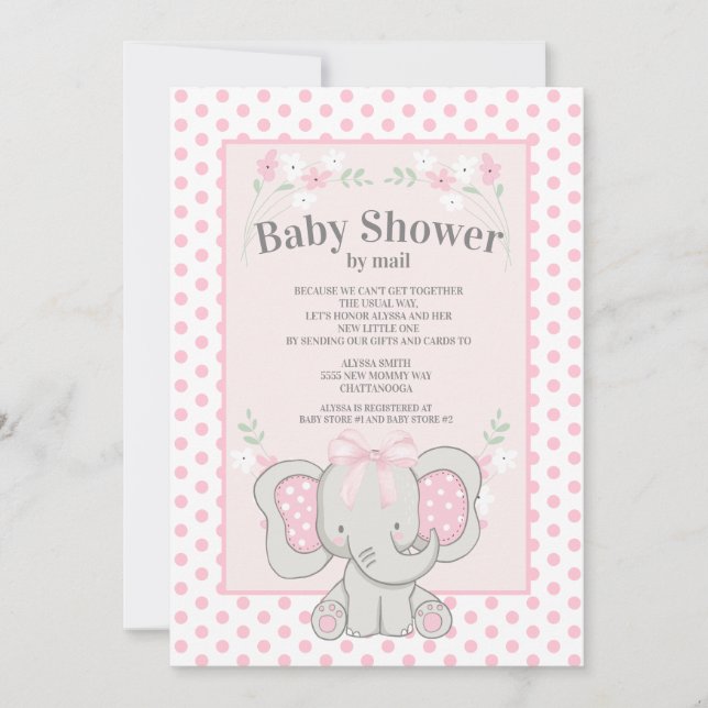 Invitación Elefante rosa lindo Polka se une a Baby Shower por (Anverso)
