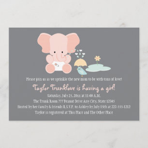 Invitación Elefante Rosa Pequeño Bebé de Aves Espolvorosa Inv