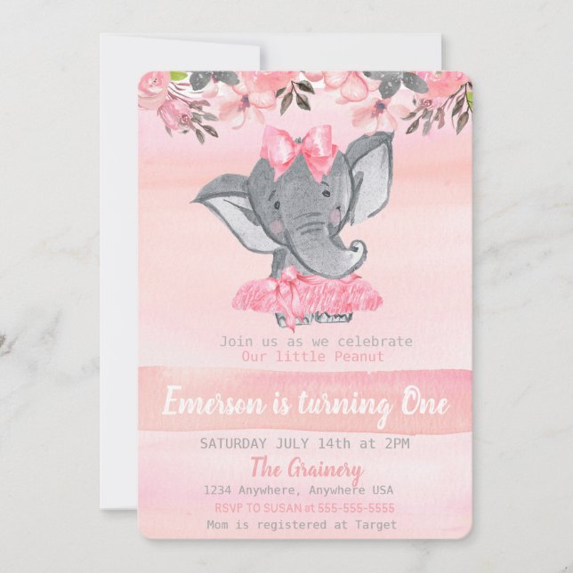 Invitación Elefante Rosa Primer cumpleaños, chicas de maní (Anverso)