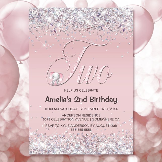 Invitación Elefante Rosa Purpurina Fiesta de cumpleaños númer (Subido por el creador)