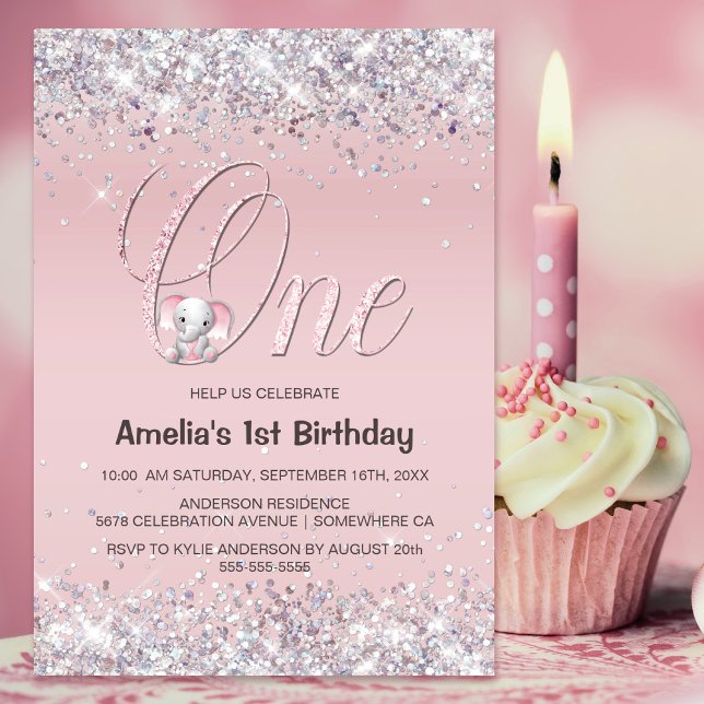 Invitación Elefante Rosa Purpurina Primer Fiesta de Cumpleaño (Subido por el creador)