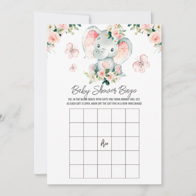 Invitación Elefante Rosa Rosa Nombre del Bebé Baby Shower Bin (Anverso)