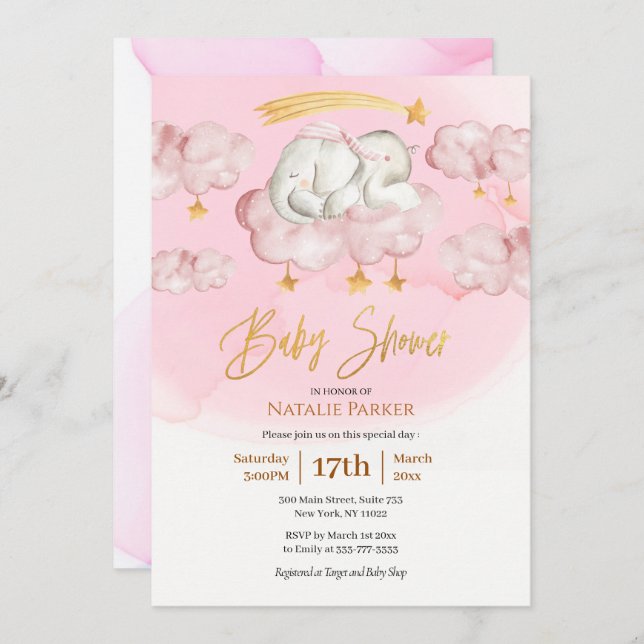 Invitación Elefante Rosa Twinkle Pequeño Estrella Chica Baby  (Anverso / Reverso)