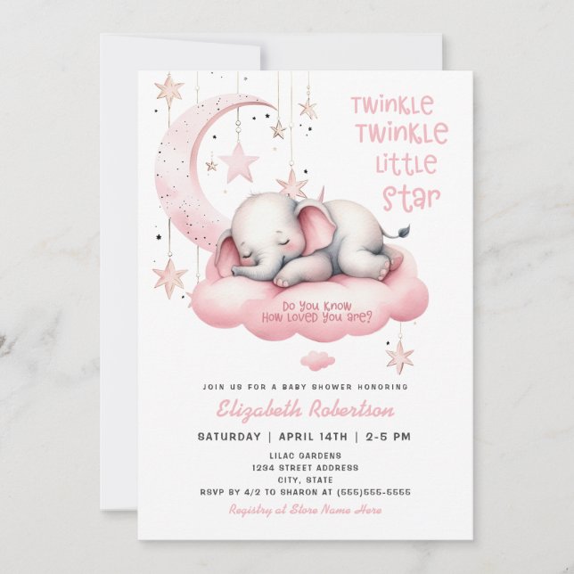 Invitación Elefante Rosa Twinkle Pequeño Estrella Chica Baby  (Anverso)
